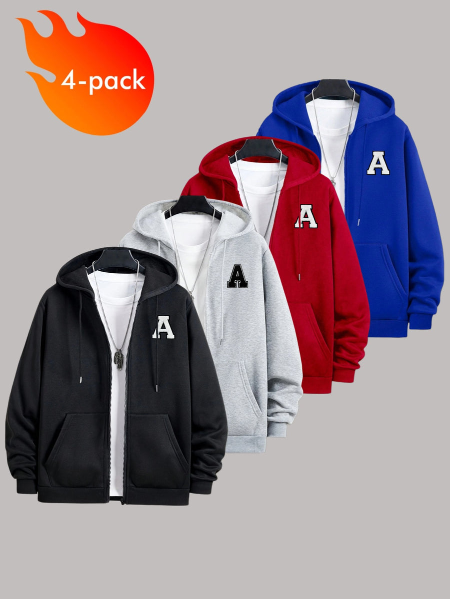 50% Cotton, 50% Polyester, 4pcs Men's Zippered Hooded -Lined Sweatshirt, Men's Apparel, Long-Sleeve Jacket, Zippered Top, Hooded Sweatshirt, Pockets, Drawstring, Suitable for Outings, Casual Wear, Back-to-School Season, Gift for Boyfriend - Black+light gray+red+blue