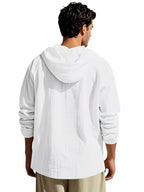 Spring/Autumn Men's Solid Color Half-Zip Hooded Long-Sleeve Single-pc Top, Simple and Comfortable Letter Print Shirt, Streetwear for Outings, Visiting, and Casual Wear - White