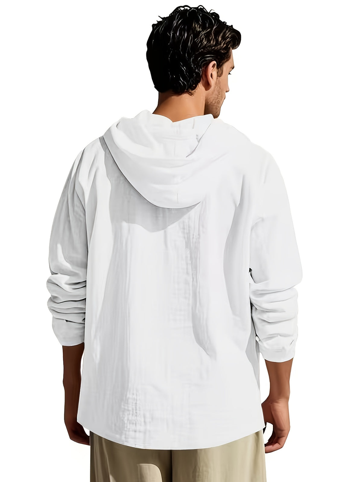 Spring/Autumn Men's Solid Color Half-Zip Hooded Long-Sleeve Single-pc Top, Simple and Comfortable Letter Print Shirt, Streetwear for Outings, Visiting, and Casual Wear - White