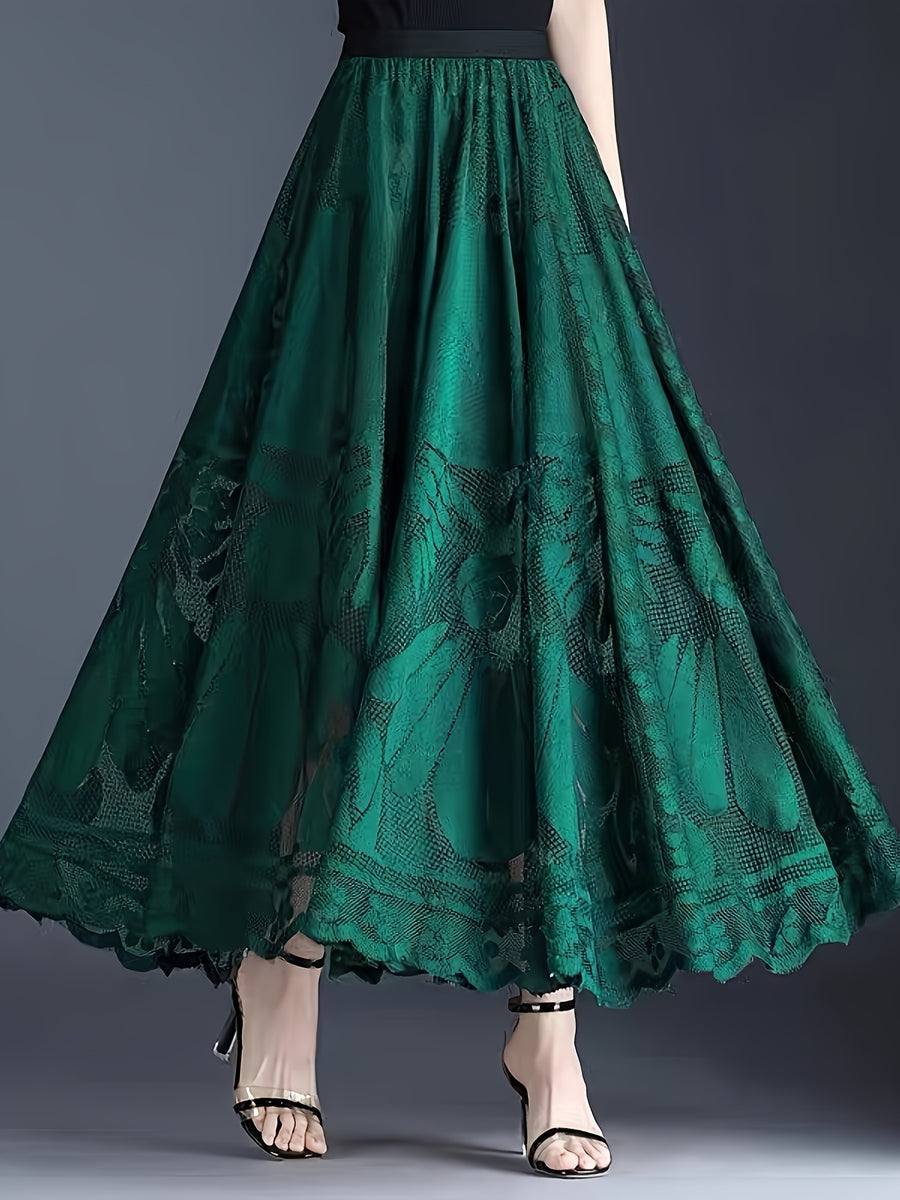 Elegant Women's A-Line Lace Skirt - Long Pleated Design with Intricate Floral Patterns, Lightweight Polyester, Ideal for Spring/Summer/Fall Events, Spring Summer Fashion|Aline Skirt|Polyester Fabric - Dark Green