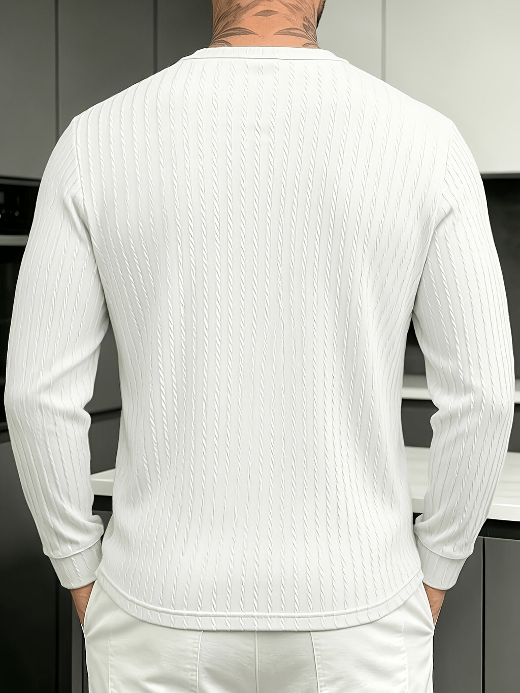 Halloween Thanksgiving Black Friday Cyber Monday Christmas Ultra V 2pcs Men'S Vertical Texture Henley Long Sleeve T-Shirts, High-Elastic Jacquard Fabric Slimming And Slimming, Semi-Open Button Collar Easy And Atmospheric - Black And White