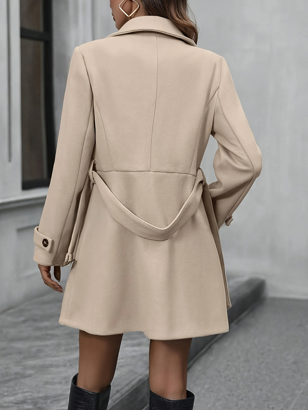 Stylish Women'S Elegant Coat, Fashionable And, Solid Color, Versatile, Double-Breasted, Mid-Length Belt, New Winter Casual Coat - Apricot