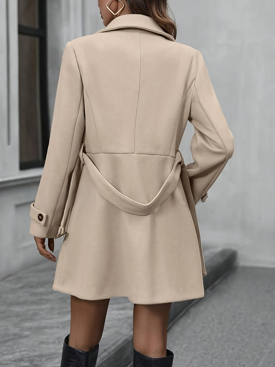 Stylish Women'S Elegant Coat, Fashionable And, Solid Color, Versatile, Double-Breasted, Mid-Length Belt, New Winter Casual Coat - Apricot