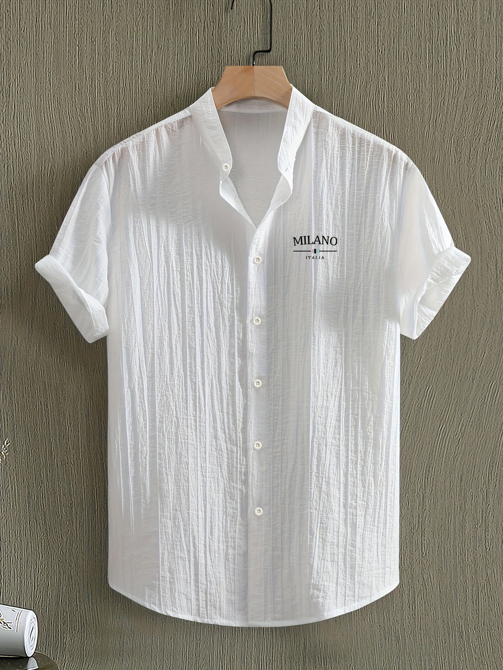 [Pearson OBM] Men'S Summer Print Short Sleeve Casual Stand-Up Collar Shirt, Button-Up Top Fashion Versatile Blouse, Lightweight Breathable Fabric for Beach Vacation Pool Party - White