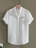 [Pearson OBM] Men'S Summer Print Short Sleeve Casual Stand-Up Collar Shirt, Button-Up Top Fashion Versatile Blouse, Lightweight Breathable Fabric for Beach Vacation Pool Party - White