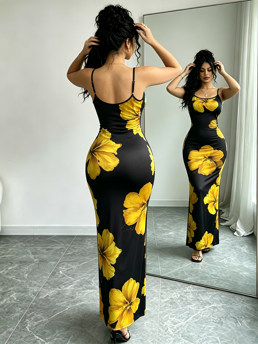 Women'S Adjustable Strap Printed Cami Dress, High-Waist Cinched -Lifting Long Skirt, Stretchy And, Suitable for Beach Vacation/Music Festival/Casual Date Wear - Tangerine
