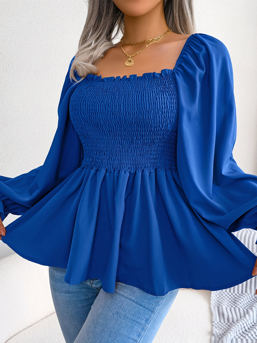 2023 Spring/Summer European and American Casual Solid Color Square Neck Flared Sleeve Ruffle Hem Chiffon Blouse - Blue
