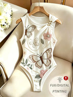 Butterfly Print New Women'S Sleeveless Metallic Button Design Bodycon Top, Vacation Style Summer Outfit, Women'S Beach Party Wear, Summer Vacation Attire, Festive Clothing, Women'S Holiday Seaside Photography Outfit - White