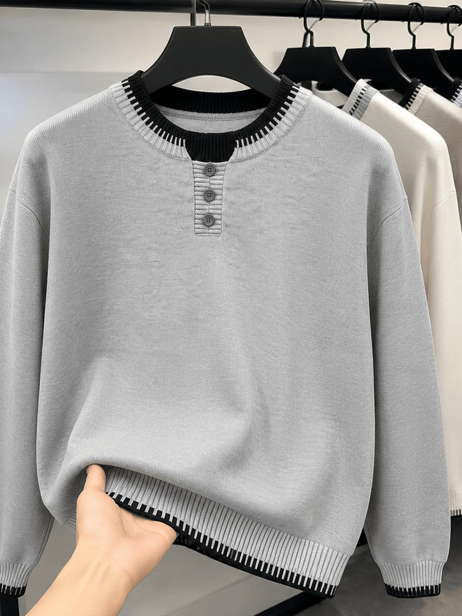 Men's and Women's Casual Sweater, Trendy Versatile Winter Henley Collar 2-in-1 Look Knit Top and Inner Base Layer, JKXN-1171 - Grey