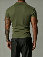 [Josh Mei OBM] 2026 Light Business Men'S White Textured Polo Short Sleeve Vertical Ribbed Henley Half-Button Collar Short Sleeve Stretch Slim Commute Date Versatile Top - Olive Green