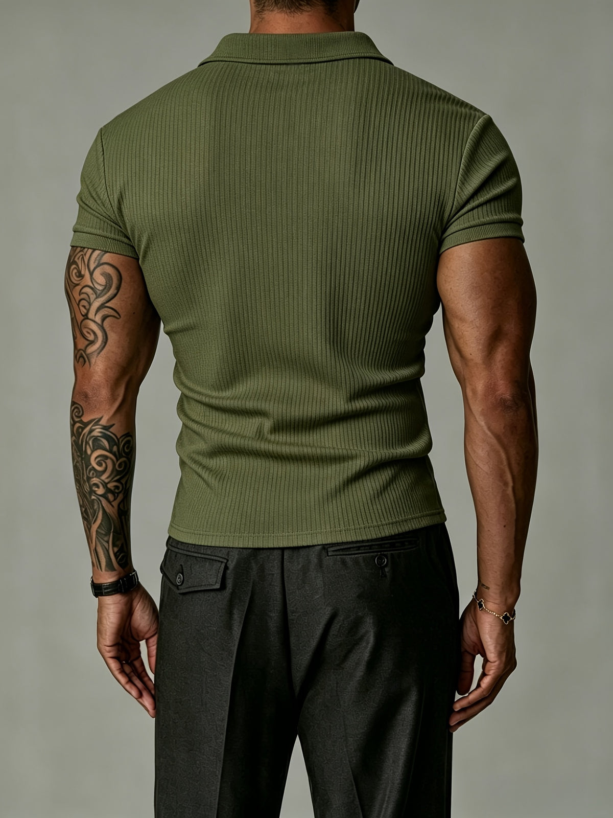 [Josh Mei OBM] 2026 Light Business Men'S White Textured Polo Short Sleeve Vertical Ribbed Henley Half-Button Collar Short Sleeve Stretch Slim Commute Date Versatile Top - Olive Green
