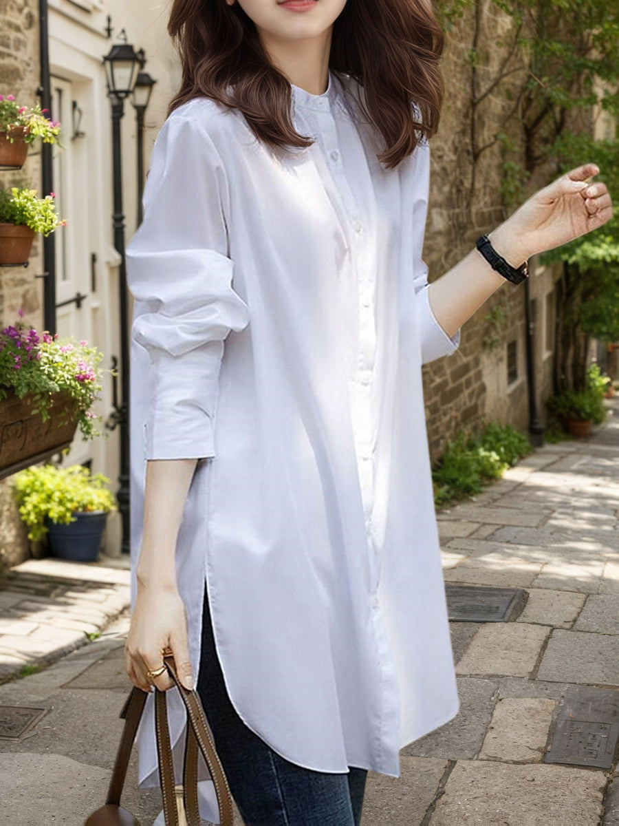 Women'S Elegant Retro Style Easy Stand-Up Collar Mid-Length Side-Slit Design Literary Full Daily Wear Shirt - White