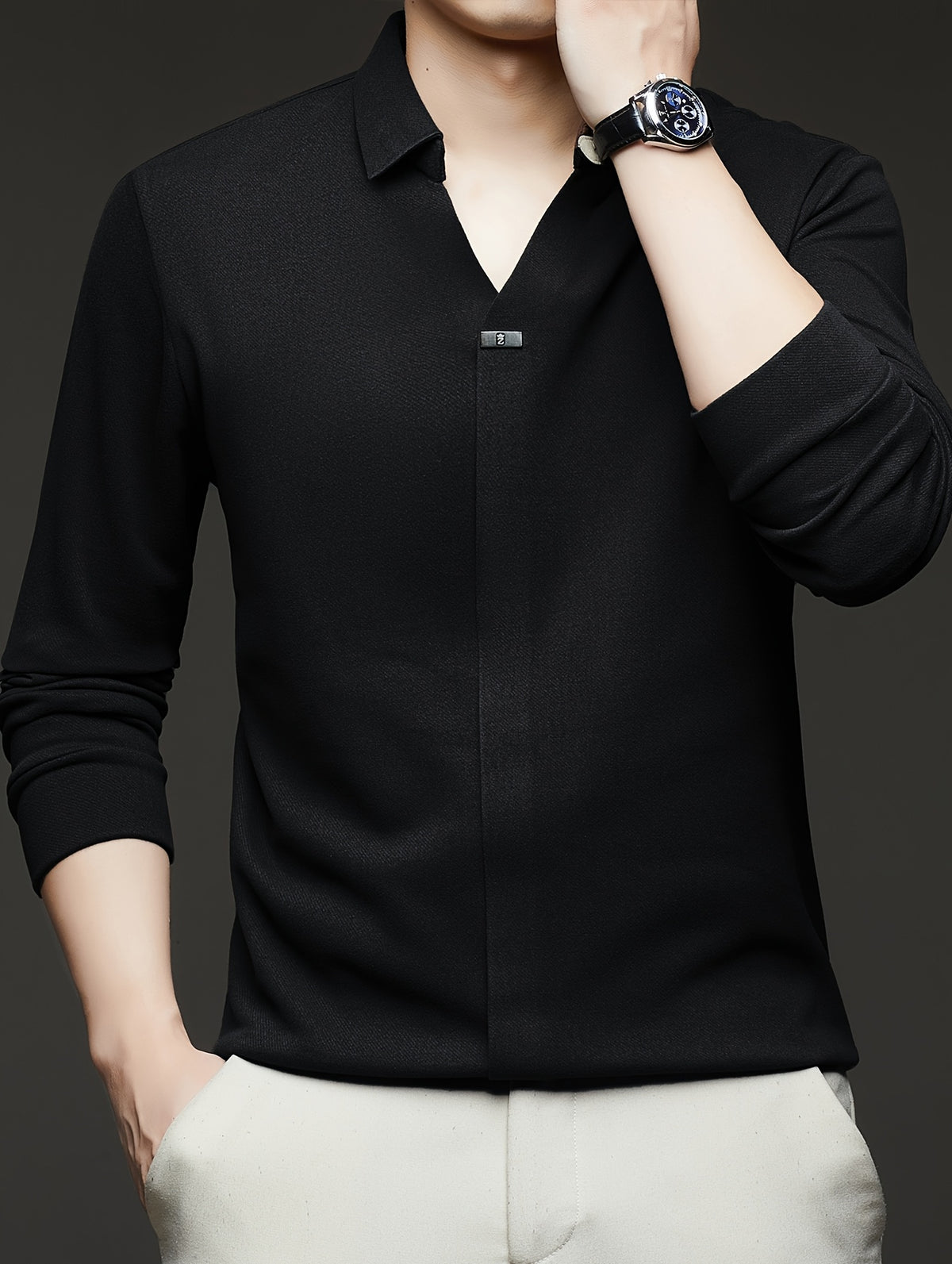 [High-End Fashion] Men'S Plus Size Polo Shirt Spring/Autumn Style French Scissor Collar Business Casual Trendy Long Sleeve T-Shirt, Suitable for Various Occasions MD967 - Black