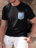 Men'S Corduroy Short Sleeve T-Shirt, Faux Denim Contrast Pocket Round Neck Top, Comfortable Soft All-Match Summer Casual Commute Loose Fit - Black
