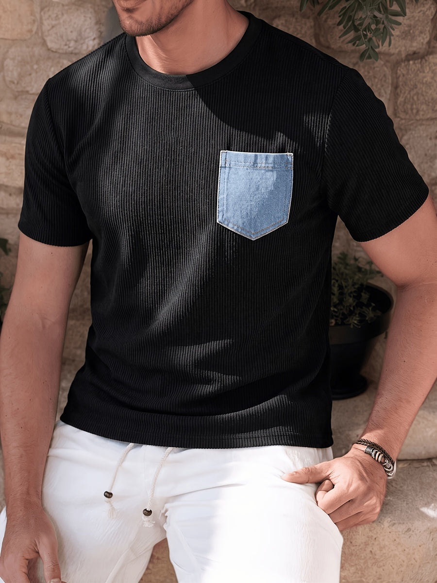 Men'S Corduroy Short Sleeve T-Shirt, Faux Denim Contrast Pocket Round Neck Top, Comfortable Soft All-Match Summer Casual Commute Loose Fit - Black