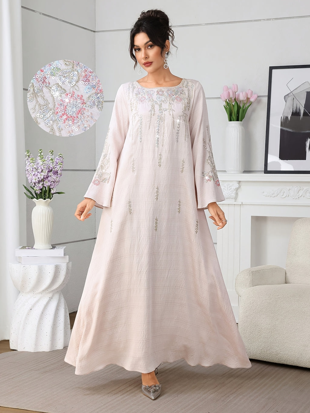 Al Najma Women ElegantEmbroidered Dress, MinimalistFashion Casual Daily Wear, Modest Kaftan - Pale Pinkish Gray