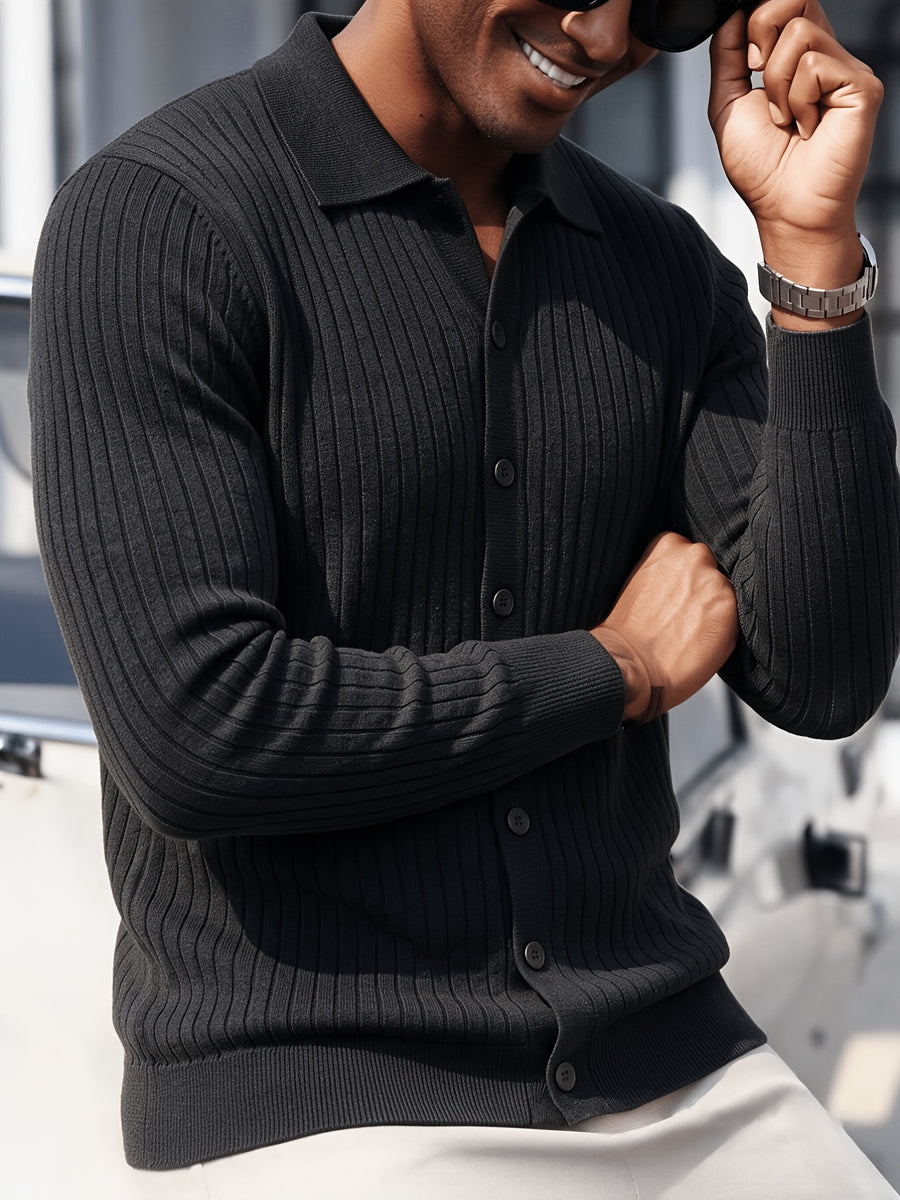 Men's Vertical Striped Knit Cardigan, Lapel Polo Collar Button Long Sleeve Slim Fit Knitted Sweater Jacket for Fall Winter Casual Outwear - Black
