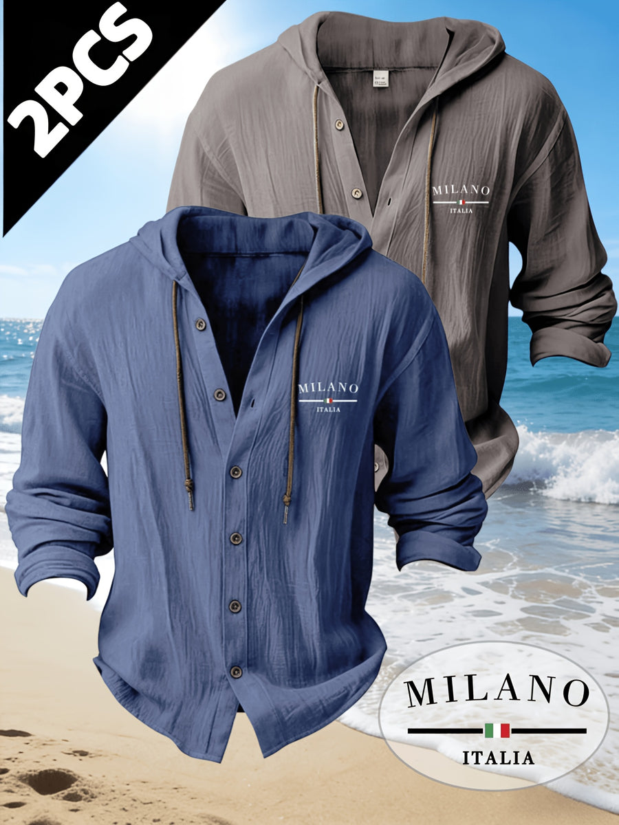 Zhiyu OBM 2pcs Men's Fashion Casual Beach Style Hooded Long Sleeve Open Front Cardigan | High-End Skin-Friendly Soft Shirt | 100% | Essential Golf Beach Polo Outfit | Breathable and Lightweight | for Indoor Gatherings and Outdoor Sports | Wardrobe - Navy Blue + Gray