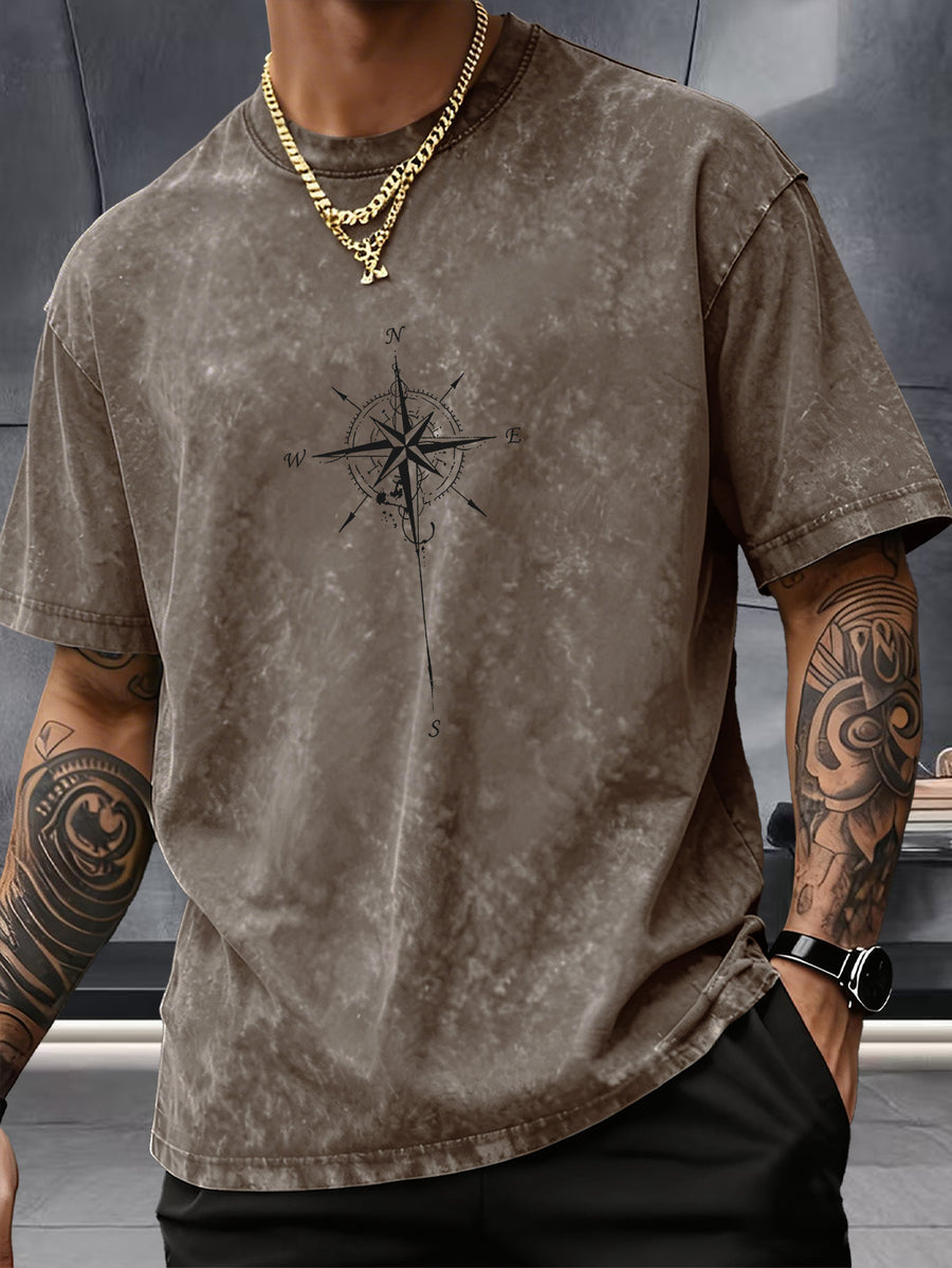 Men's Washed Distressed Pure Cotton Loose Fit Drop Shoulder T-Shirt with Vintage Compass and Anchor Line Graphic Print on Front and Back, Versatile American Streetwear High Street Hip-Hop Style, Couple's Matching Outfit for Streetwear, Daily Outings - Brown