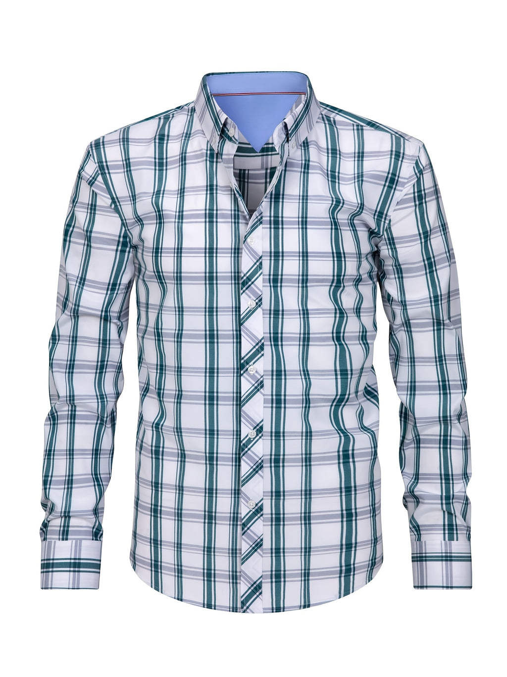 New Plaid Shirt for Men, Long Sleeve, European/American Sizing, Suitable for All Seasons and Commuting, Two-Tone Color Block Design, Four-Season Casual Shirt. Ideal for Men's Daily Wear, Vacation, Leisure, and Streetwear. The Casual Plaid Shirt - Green And White Grid