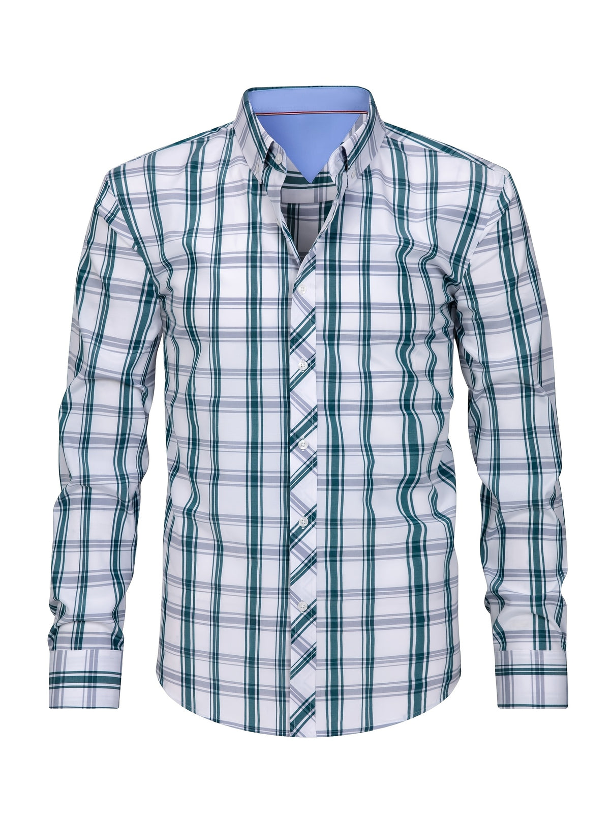 New Plaid Shirt for Men, Long Sleeve, European/American Sizing, Suitable for All Seasons and Commuting, Two-Tone Color Block Design, Four-Season Casual Shirt. Ideal for Men's Daily Wear, Vacation, Leisure, and Streetwear. The Casual Plaid Shirt - Green And White Grid