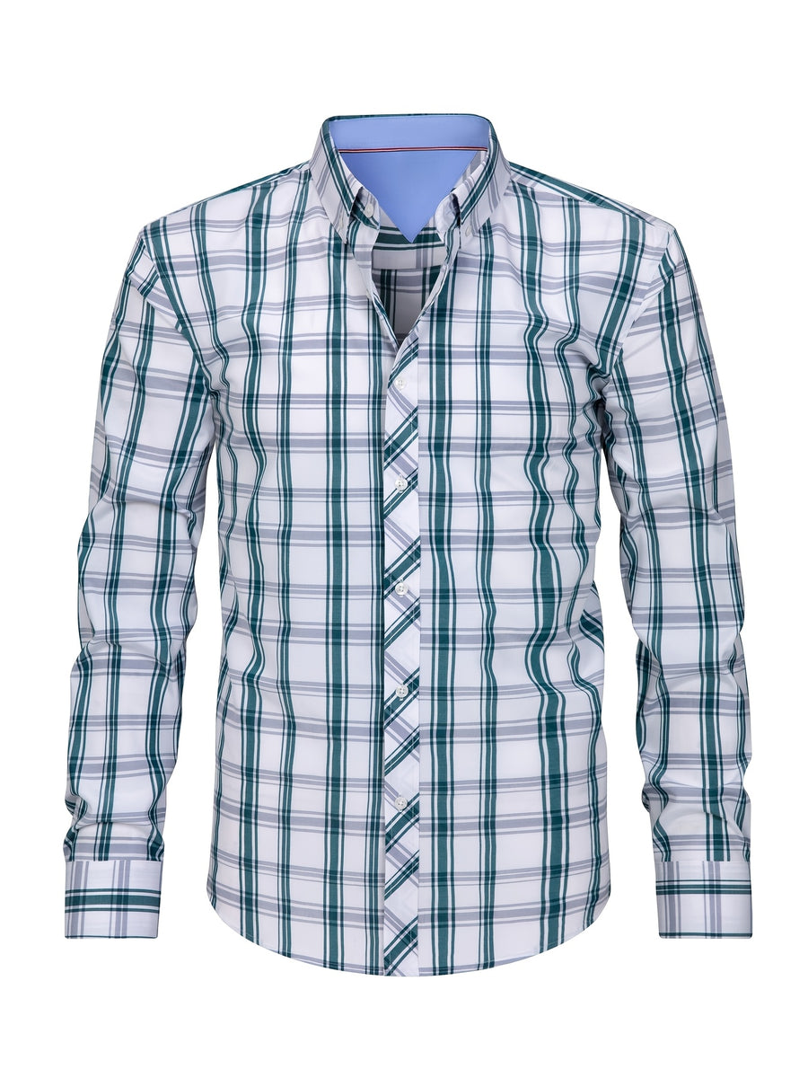 New Plaid Shirt for Men, Long Sleeve, European/American Sizing, Suitable for All Seasons and Commuting, Two-Tone Color Block Design, Four-Season Casual Shirt. Ideal for Men's Daily Wear, Vacation, Leisure, and Streetwear. The Casual Plaid Shirt - Green And White Grid