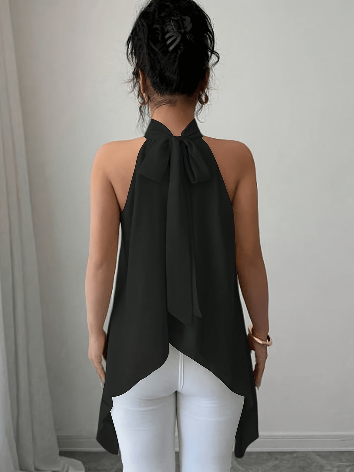 Spring Summer Elegant Fashion Design Halter Tie-Back Blouse - Black