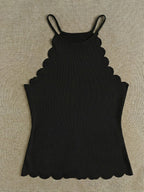 Solid Color Off-The-Shoulder Petal Trim Sleeveless Top, Western Style Women'S Easy Spicy Outfit, Spring Summer Niche Cool Outer Layer Base Layer Off-Shoulder Vest - Black