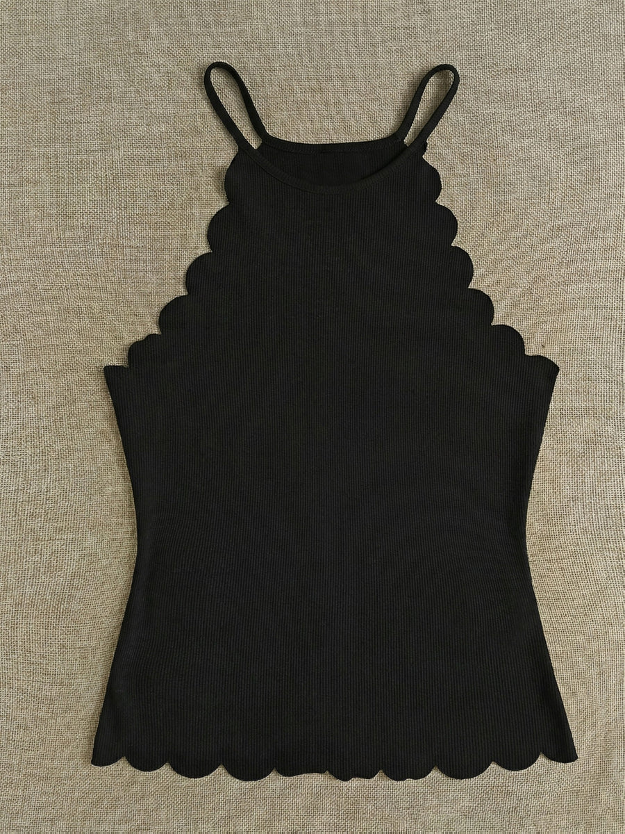 Solid Color Off-The-Shoulder Petal Trim Sleeveless Top, Western Style Women'S Easy Spicy Outfit, Spring Summer Niche Cool Outer Layer Base Layer Off-Shoulder Vest - Black