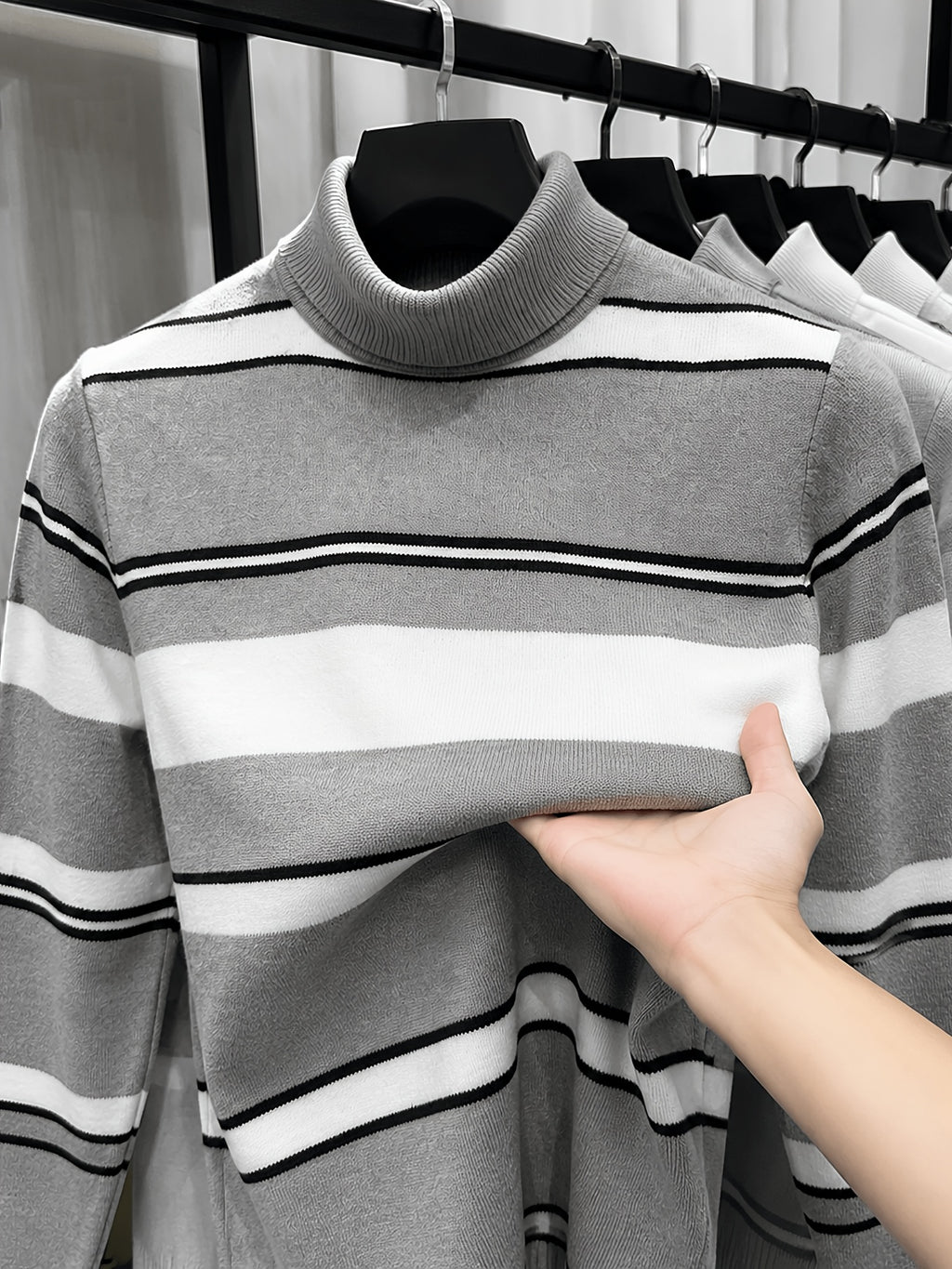 [Whale-Crossing Lan OBM] Spring/Autumn New Men'S Knit Pullover Sweater, Old Money Style Color-Block Long Sleeve High-Neck Knit Pullover for Men, Business Casual Fashion Ribbed Sweater, Suitable for Spring, Autumn, Winter Layering Or Inner Wear - Khaki 1