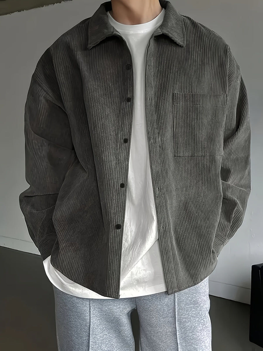 New Solid Color Spring/Autumn Men's Fashion Casual Corduroy Jacket, Lapel Single-Breasted Button Cardigan Style with Chest Pocket, Loose Fit, Can Be Worn as an Inner or Outer Layer - Dark Gray