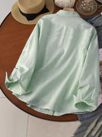 Korean-style Versatile Minimalist Basic Men's Shirt with Fun Cartoon Print, Lapel Collar, Long Sleeves, and Thin Pinstripe Pattern for Daily Casual Wear - Light Green