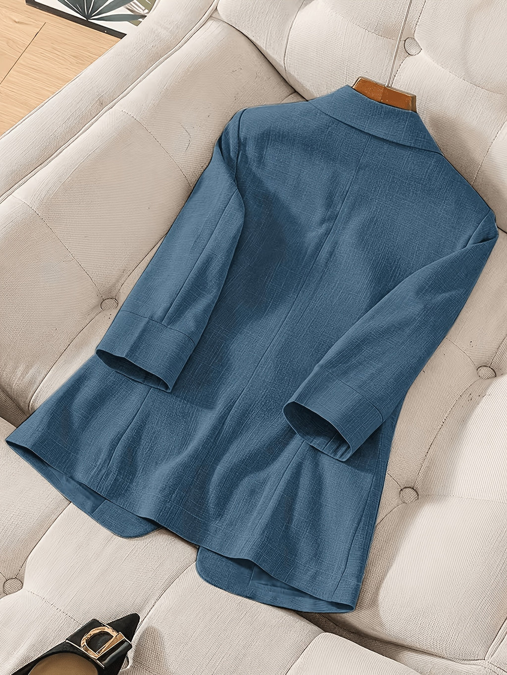 Women'S Casual Solid Single-Breasted Blazer, Spring/Summer Thin 3/4 Sleeve Lapel Coat - Blue