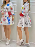 Women's Fashion Printed Belted Mid-length Sleeve Shirt Dress - Mixed colors
