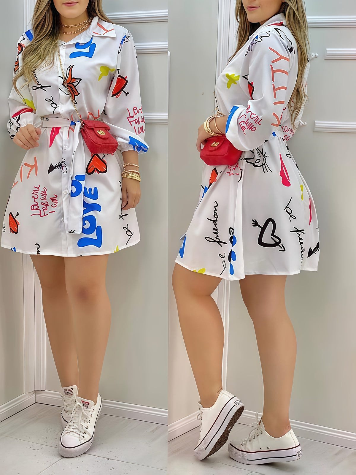 Women's Fashion Printed Belted Mid-length Sleeve Shirt Dress - Mixed colors