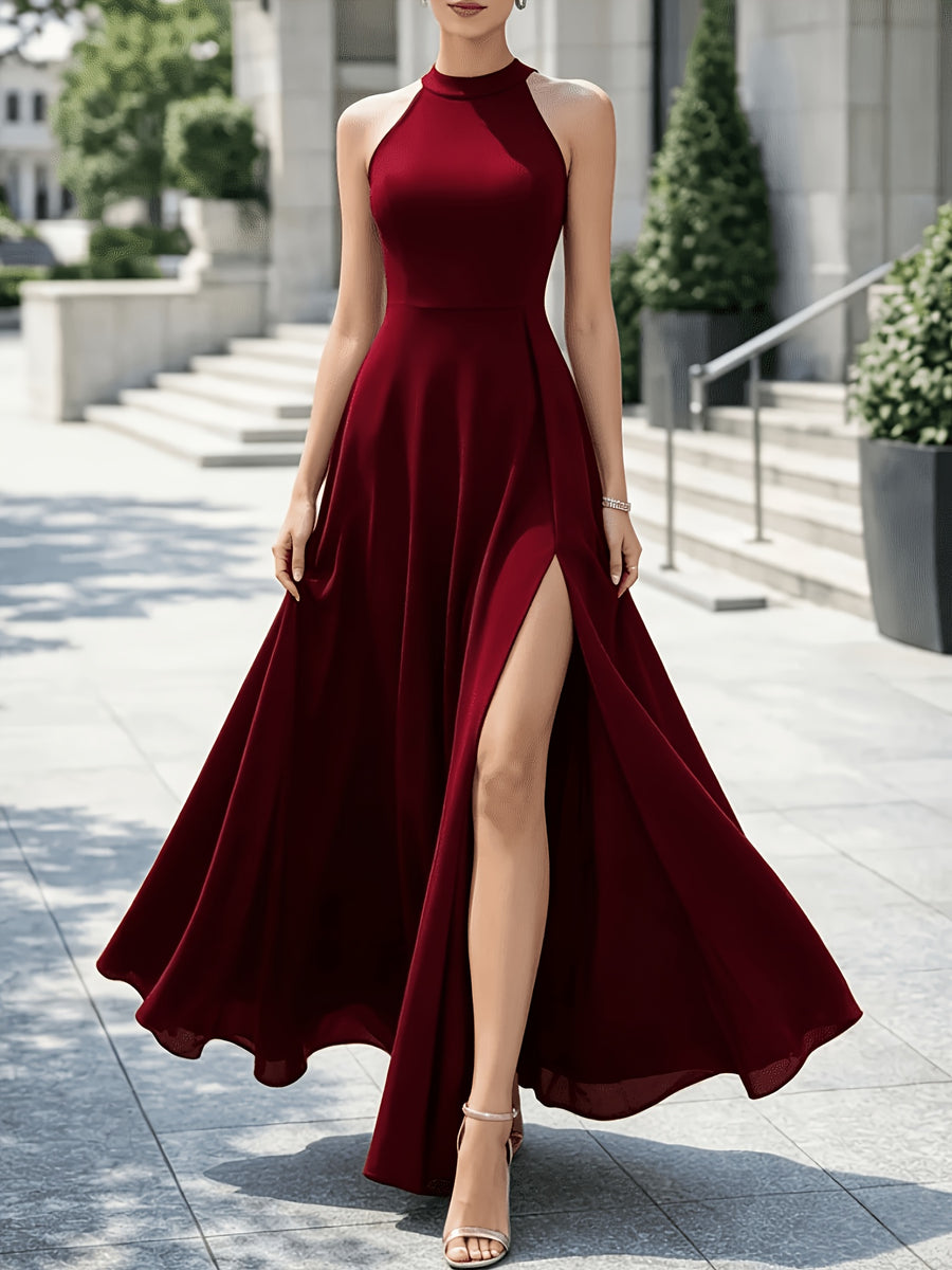 2026 New Women's Elegant Socialite Style Halter Neck High Slit Sleeveless A-Line Evening Gown, Wedding Bridesmaid Banquet Party Long Dress - Burgundy