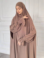 Abaya Middle Eastern Islamic Clothing Loose Comfortable Robe Headscarf with Long Sleeve Dress Two-Piece Set P403 - Camel