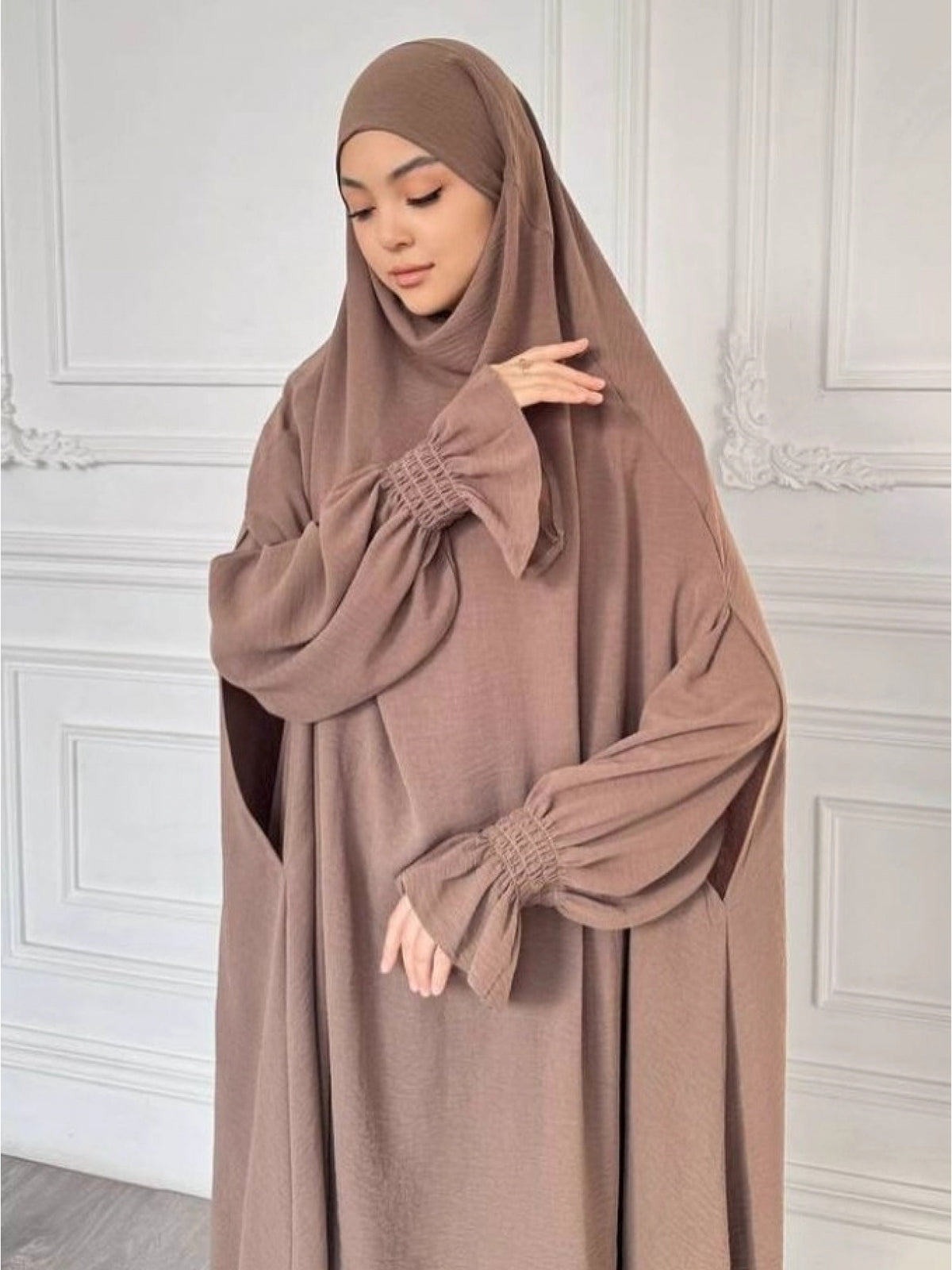 Abaya Middle Eastern Islamic Clothing Loose Comfortable Robe Headscarf with Long Sleeve Dress Two-Piece Set P403 - Camel