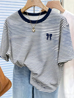 New Cross-Border Fashion Casual Digital Print Striped Short-Sleeve Round-Neck T-Shirt for Women - Navy Color