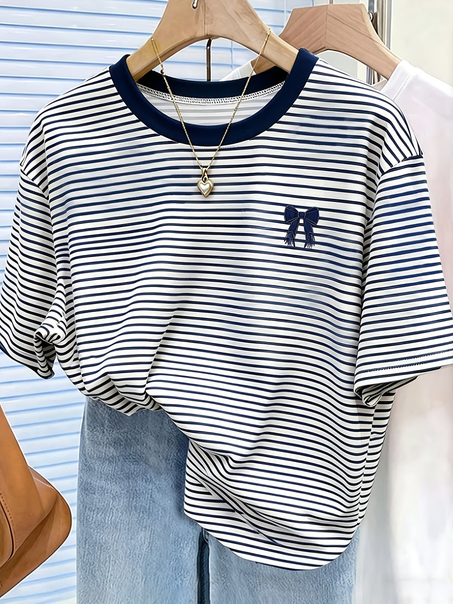 New Cross-Border Fashion Casual Digital Print Striped Short-Sleeve Round-Neck T-Shirt for Women - Navy Color