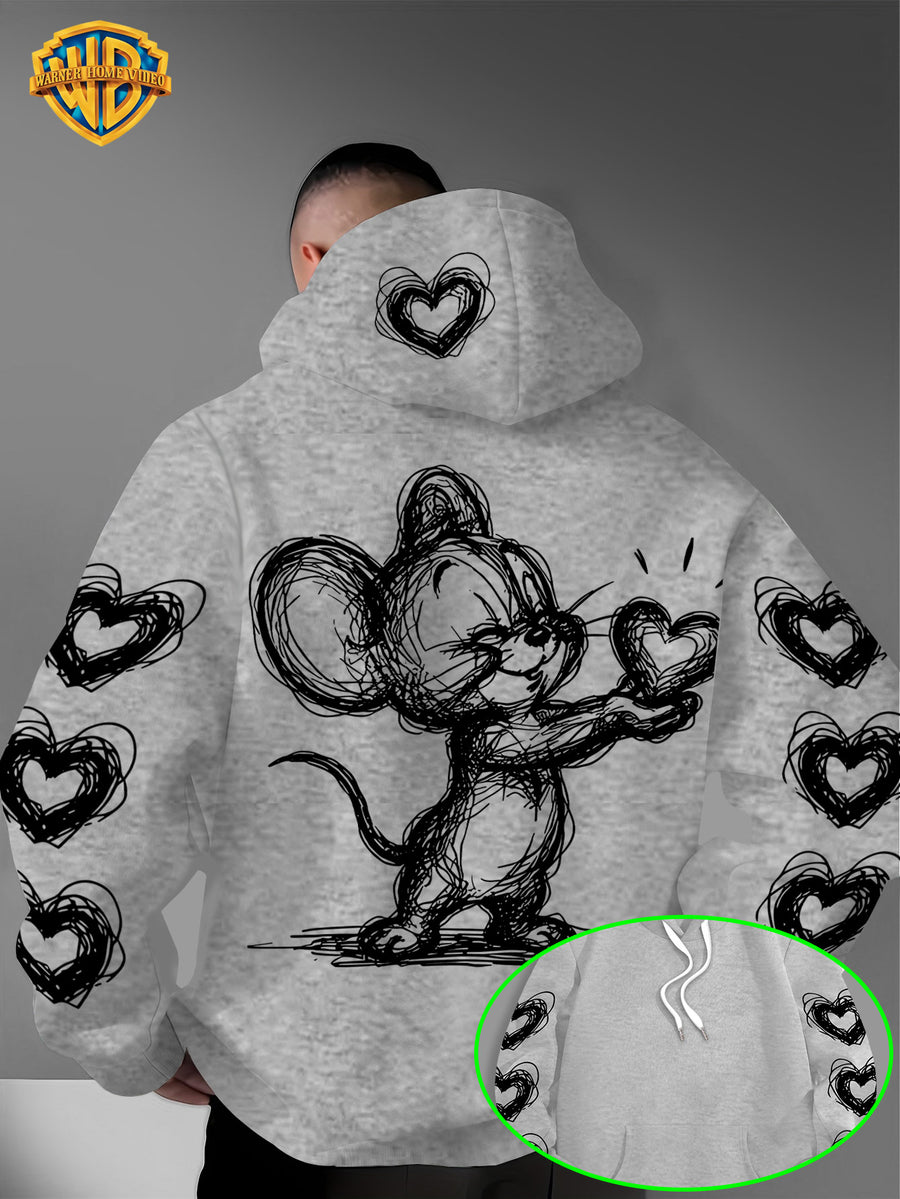 Warner Bros. Officially Licensed Men's Hoodie, Featuring Retro-style Cartoon Character Heart-shaped Pattern Design, Hand-drawn Sketch Art Print, Suitable for Casual Streetwear, Ideal for Daily Wear, for Travel or Weekend Outings - Light Grey