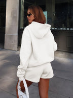 Mountain, Autumn Winter Women'S Fleece Thick Warm Hooded Sweatshirt And Shorts Set, Casual Outdoor Loose Comfortable Casual Sports All-Match Two-Piece Set - White