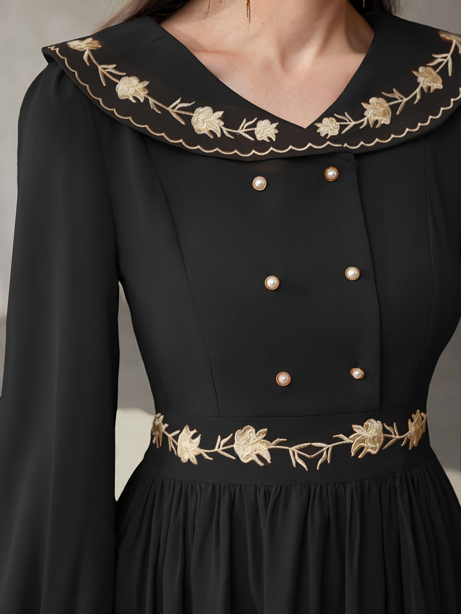 Vintage Lapel Heavy Craft Embroidered Long Sleeve Dress - Black