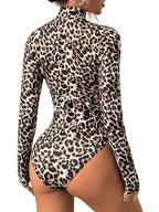 Women'S Body Suit Leopard Print Long Sleeve High Neck Comfortable Base Layer Jumpsuit - Apricot Leopard Print