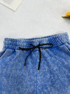 Summer Trendy Fashion Distressed Wash Short Sleeve Shorts Drawstring Women'S Set, Round Floral Bouquet Print, Vintage Dried Flower Style, Mori Literary Style, French Pastoral Style, Comfortable for Hot Weather, Classic Silhouette, Comfortable Fit - Royal Blue