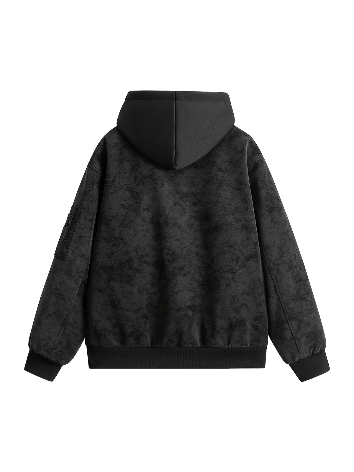 Men's Vintage Washed Layered Hooded Bomber Jacket, Distressed Faux Zip Up Coat, Loose Fit Streetwear Casual Outerwear with Arm Pocket - Black