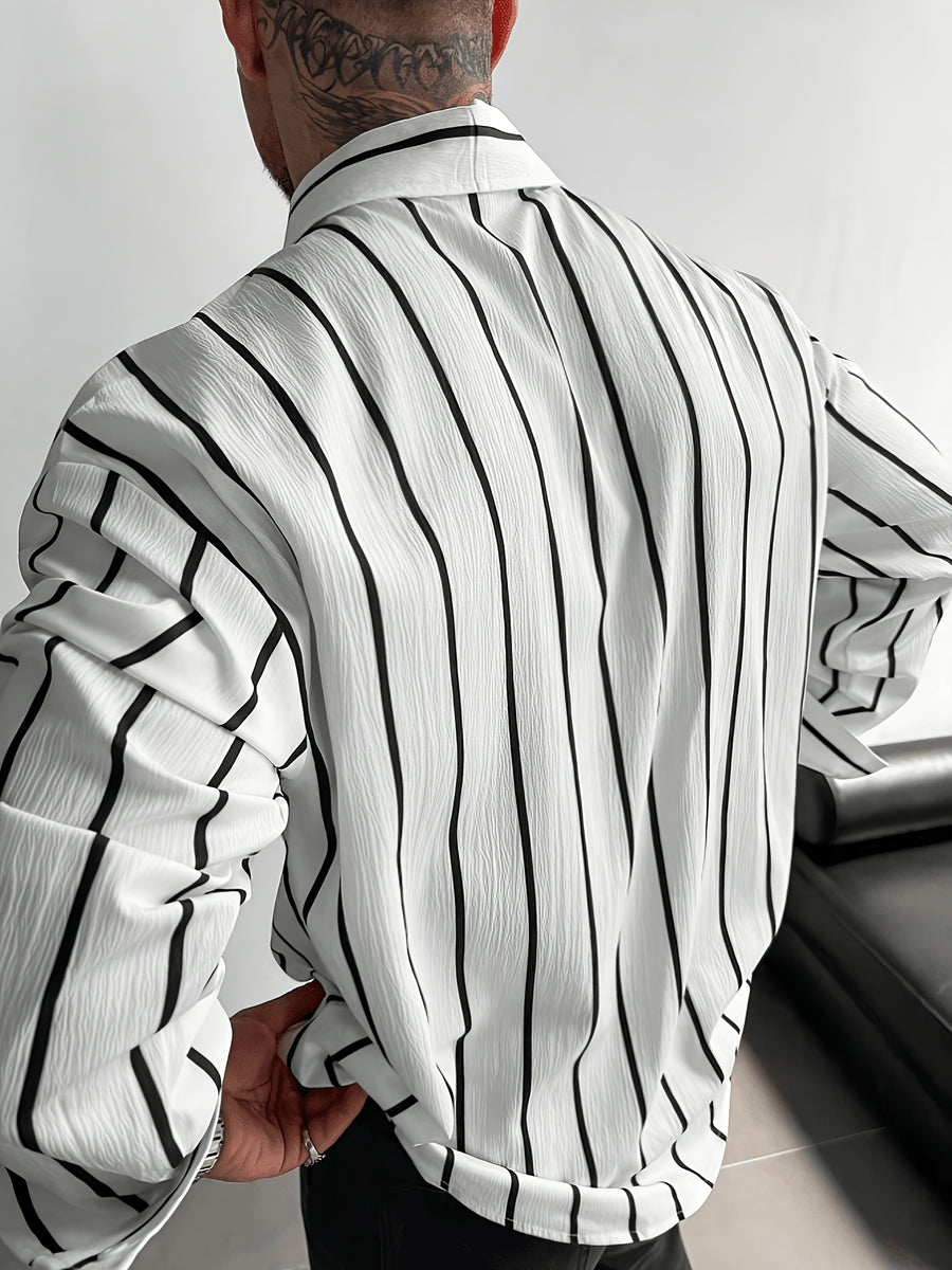Men's Black and White Vertical Striped Pleated Texture Long Sleeve Shirt, Loose Fit Lapel Collar Casual Versatile Draping Top - White