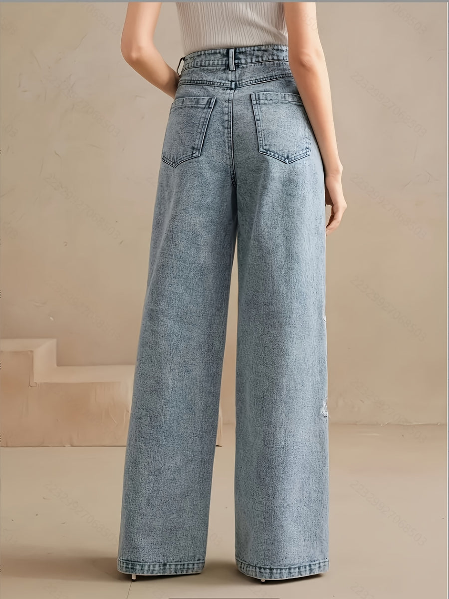 Women's Stretch Autumn/Winter Straight-Leg Jeans with Floral Embroidery - Medium Stretch, Machine Washable, Comfortable for All Seasons, Elegant for Casual and Formal Wear, Durable Fabric, Embroidered Pants, Fashionable for Women, Classic Solid Color - Light Blue