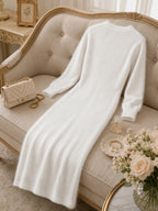 Women's Casual Plush Maxi Dress, V-Neck Long Sleeve Button Front Split Sweater Dress, Versatile for Autumn/Winter Daily Commuting, Soft and Comfortable Fabric, Christmas Style, Suitable for Party Outfits and Banquet Attire - White