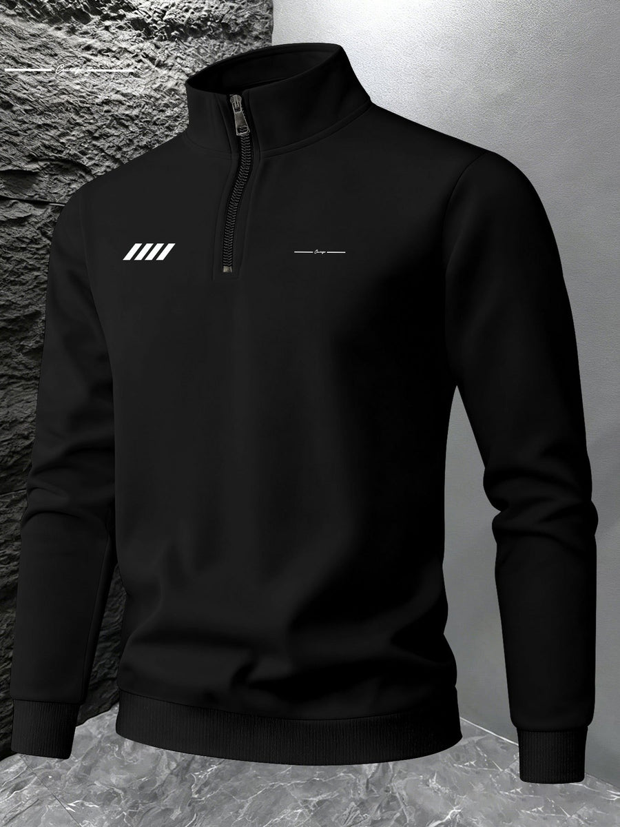 Men'S Spring Autumn Stand Collar Half-Zip Pullover Sweater, Easy Line Pattern Print, Men'S Athletic Long Sleeve, Spring Autumn Casual Top, Breathable Casual Athletic Sweatshirt - Black